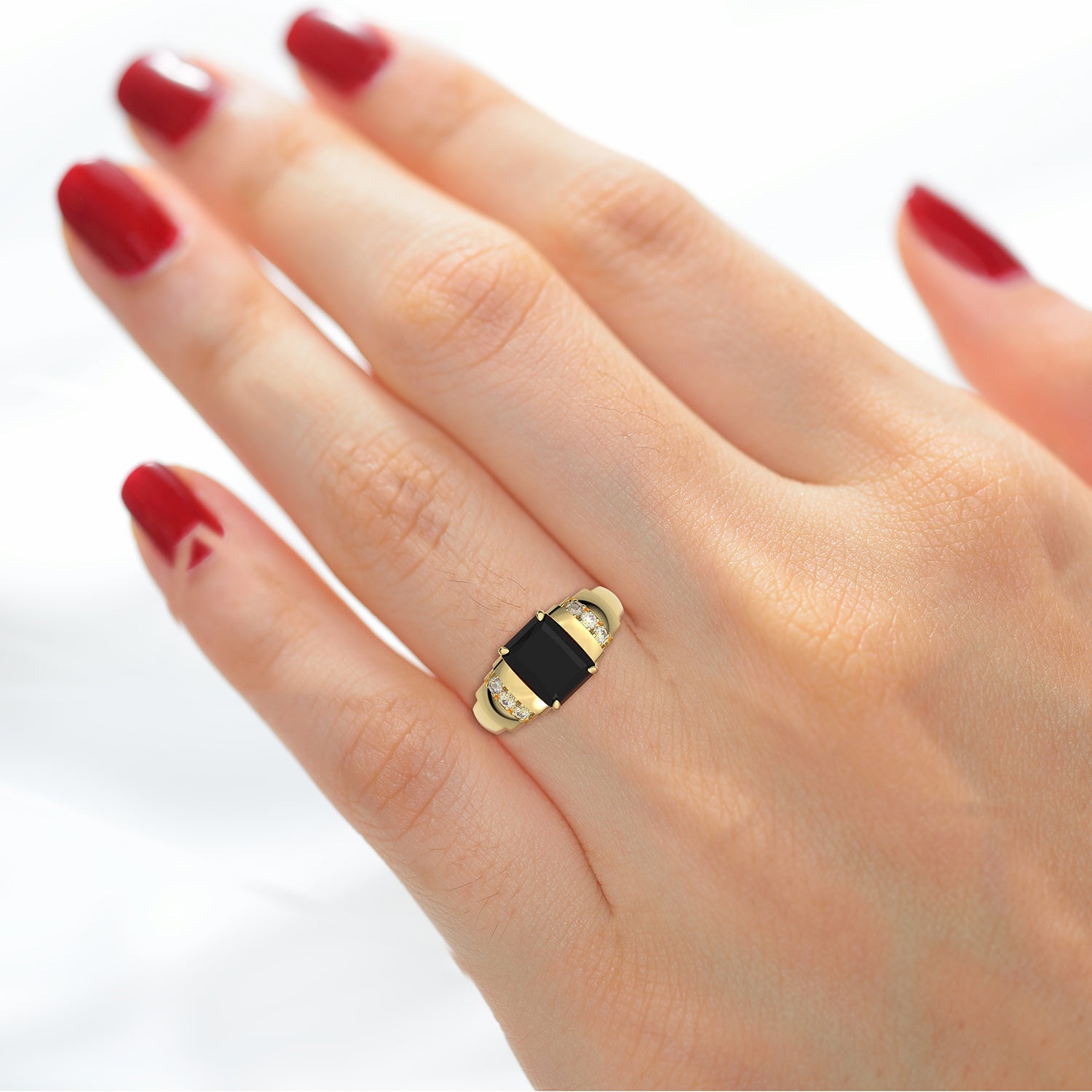 Ladies 14K Yellow Gold Genuine Diamond Rectangular Black Onyx Ring - US Jewels