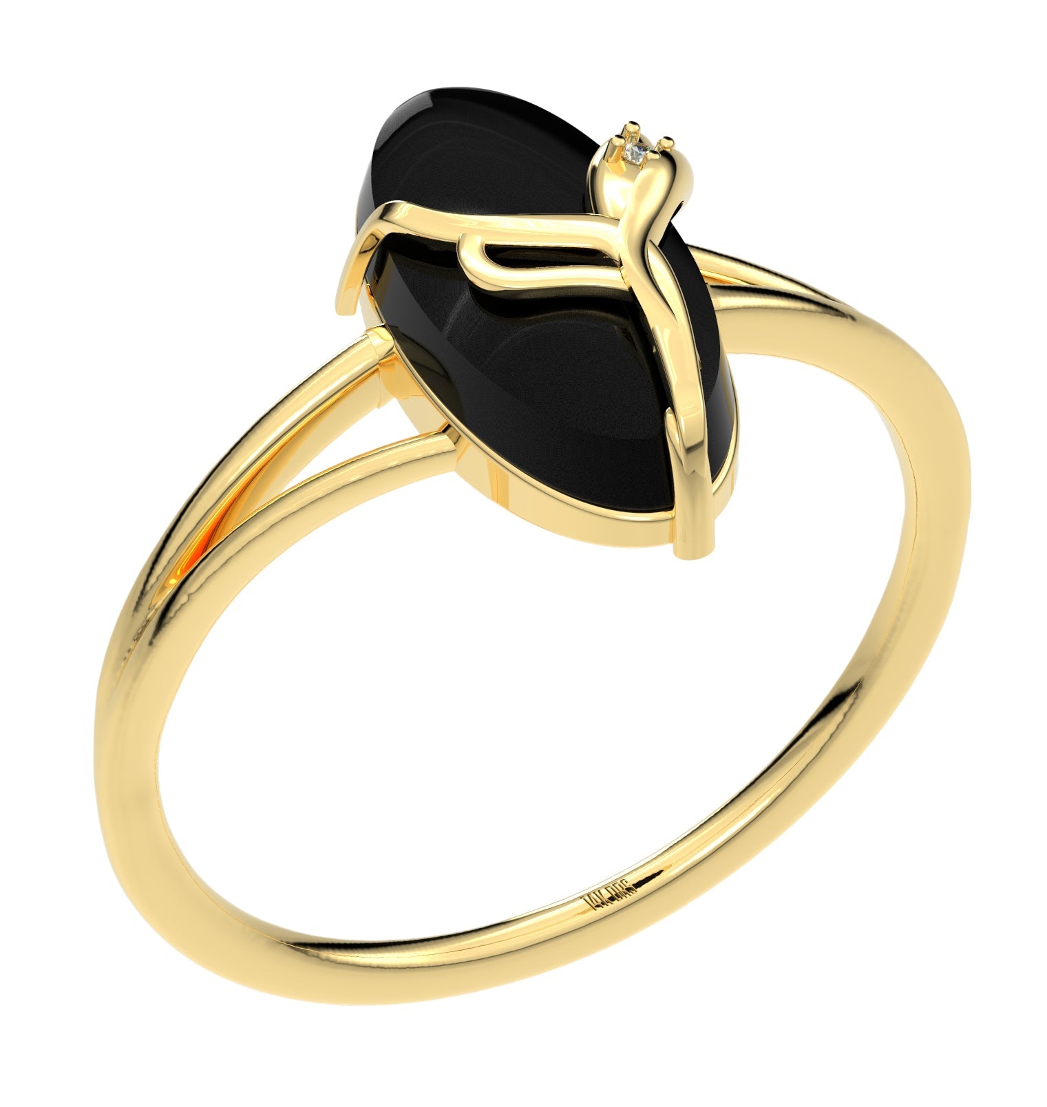 Ladies 14K Yellow Gold Genuine Oval Black Onyx Diamond Ring - US Jewels