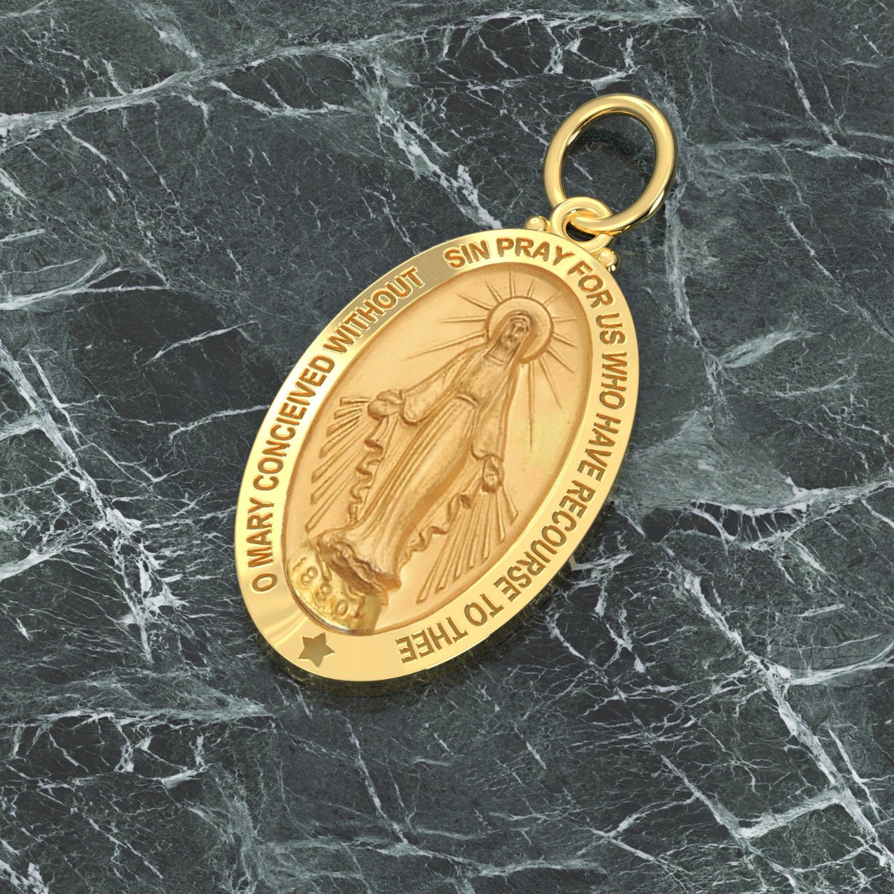 Ladies 14K Yellow Gold Miraculous Virgin Mary Solid Oval Polished Pendant Necklace, 26mm - US Jewels