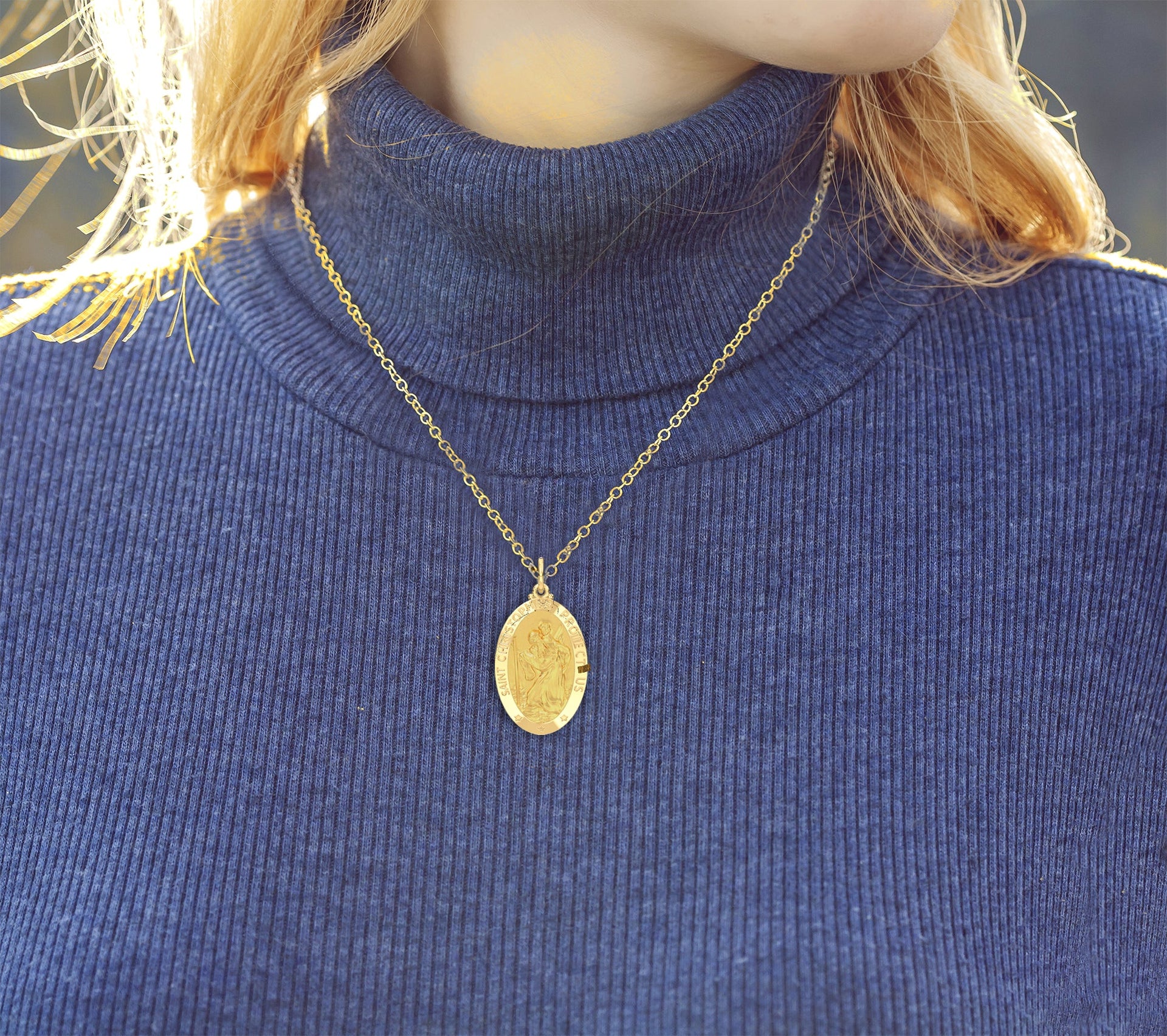 Ladies 14K Yellow Gold Saint Christopher Polished Finish Solid Pendant Necklace, 22mm - US Jewels