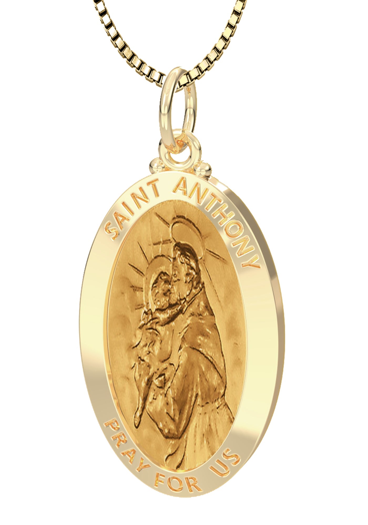 Ladies 14K Yellow Gold Solid Oval Saint Anthony Medal Pendant Necklace, 26mm - US Jewels