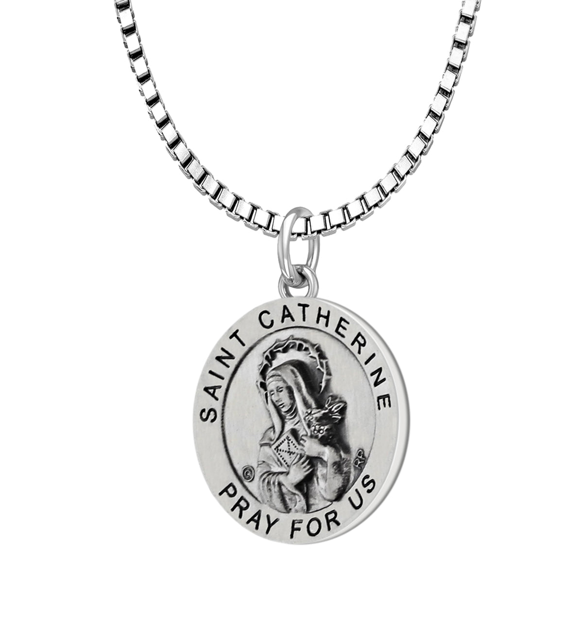 Ladies 925 Sterling Silver 18.5mm Antiqued Saint Catherine Medal Pendant Necklace - US Jewels