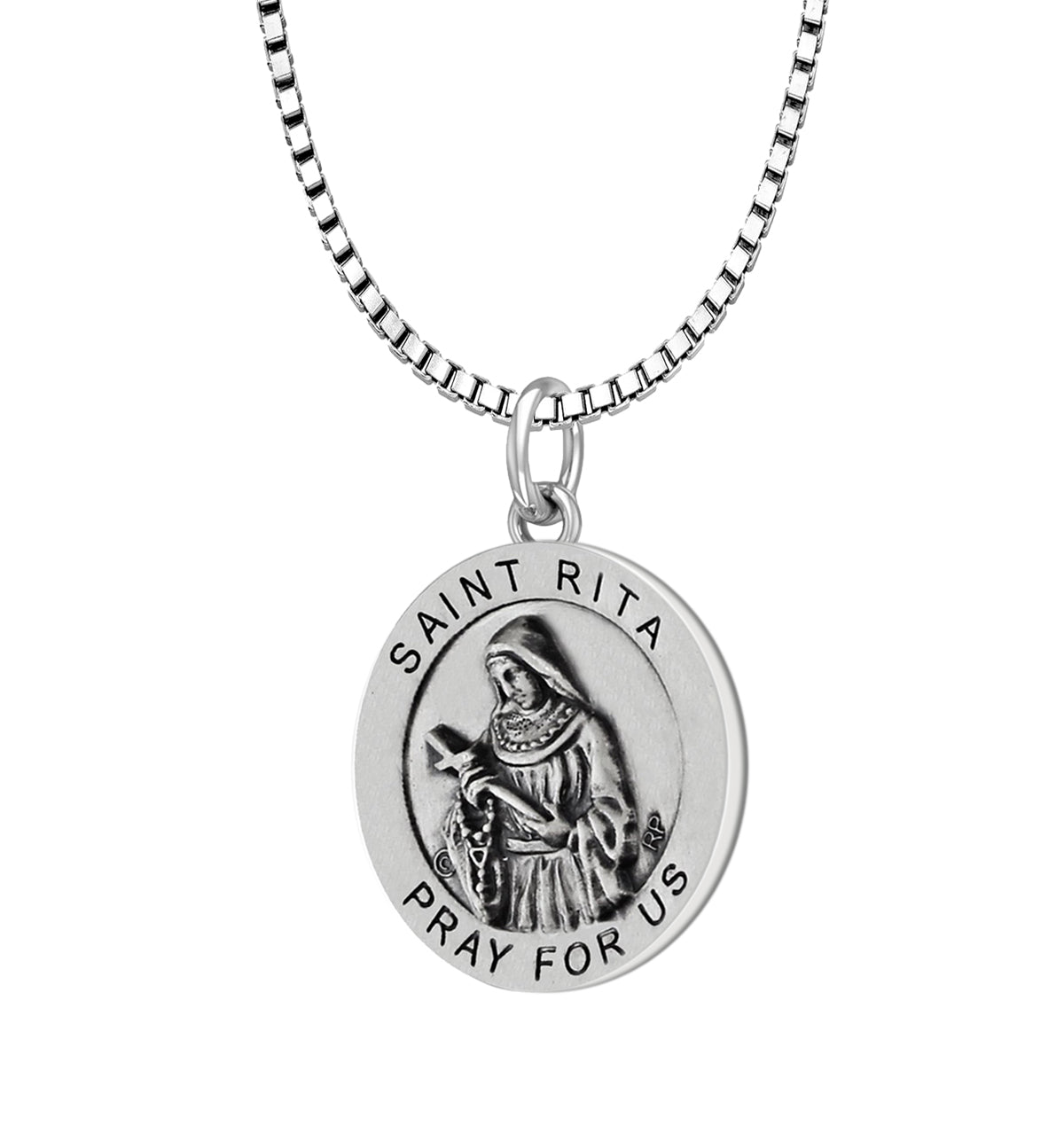 Ladies 925 Sterling Silver 18.5mm Antiqued Saint Rita Medal Pendant Necklace - US Jewels