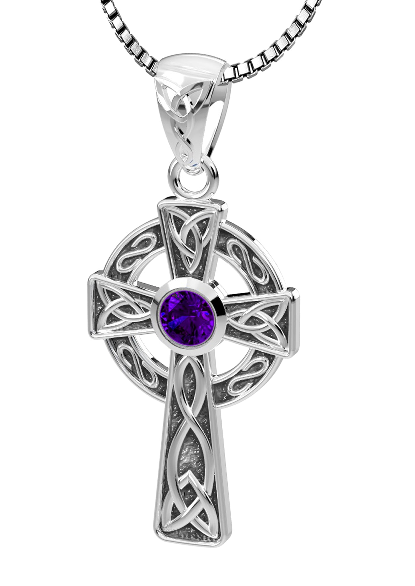 Ladies 925 Sterling Silver 23mm Irish Celtic Knot Cross Pendant Necklace with 13 Birthstone Options - US Jewels