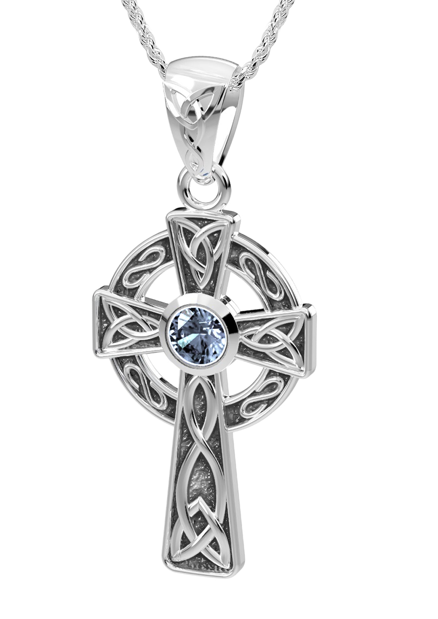 Ladies 925 Sterling Silver 23mm Irish Celtic Knot Cross Pendant Necklace with 13 Birthstone Options - US Jewels