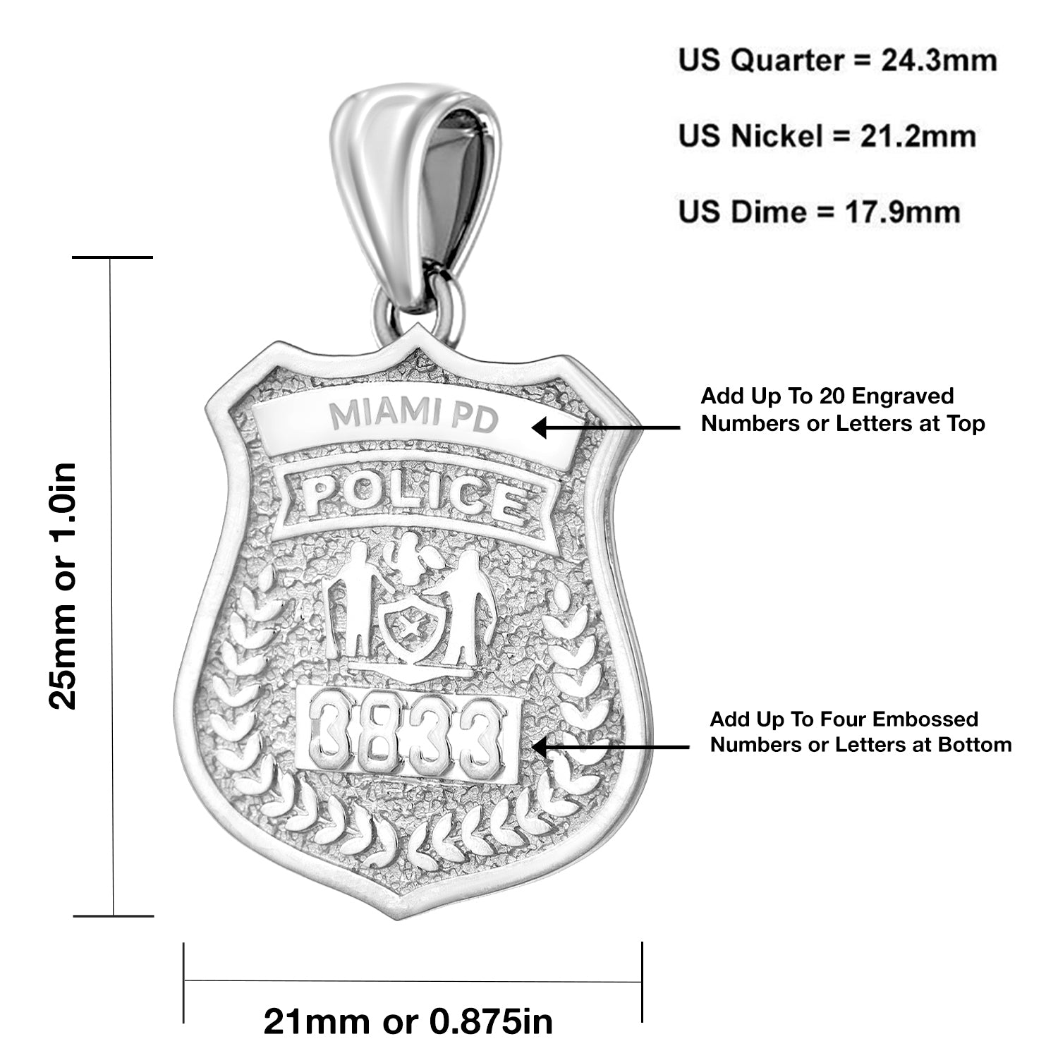 Ladies 925 Sterling Silver Customizable Police Badge Pendant Necklace, 25mm - US Jewels
