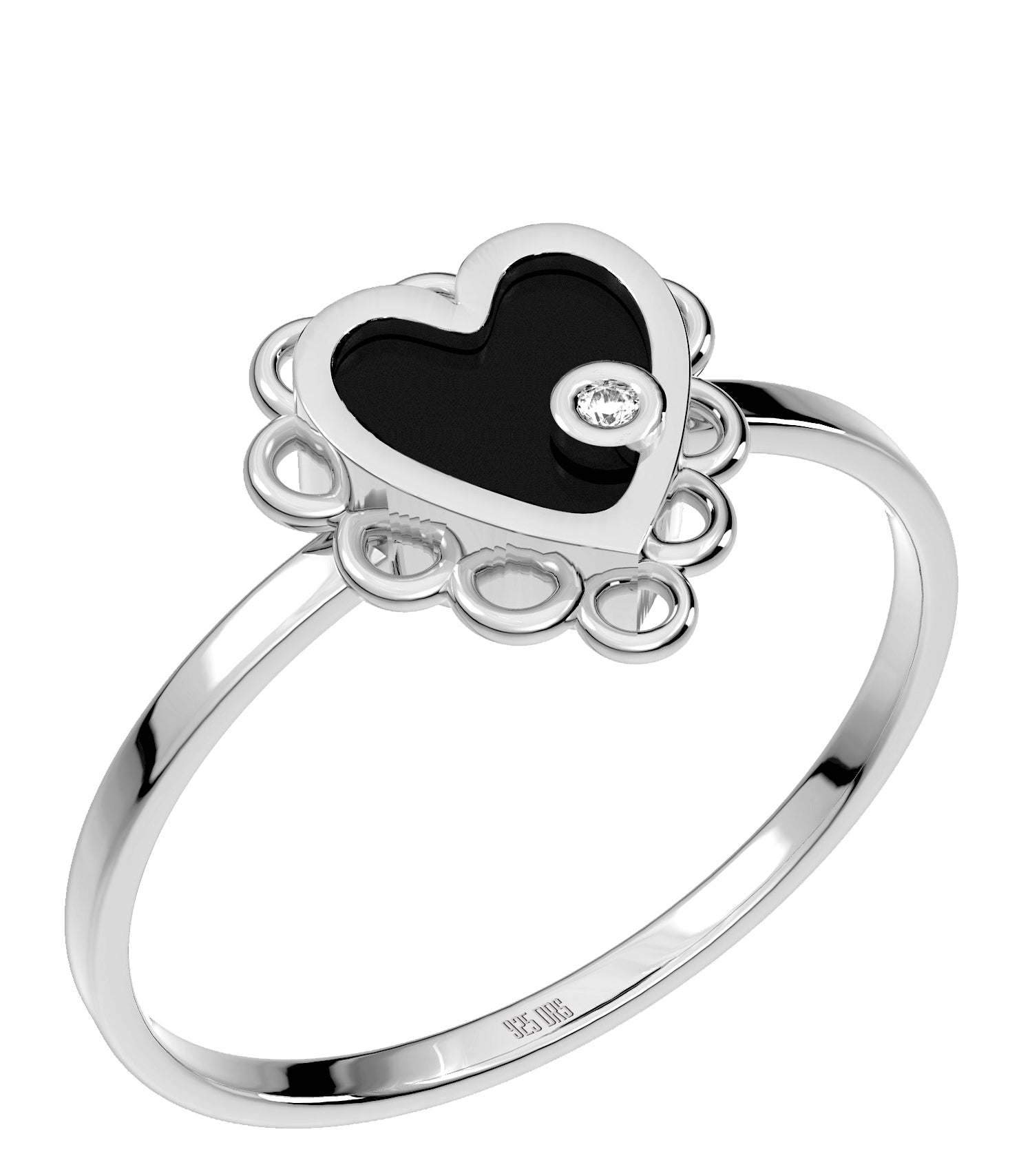 Sterling Silver Black Onyx Ring - Ladies Genuine Heart Ring