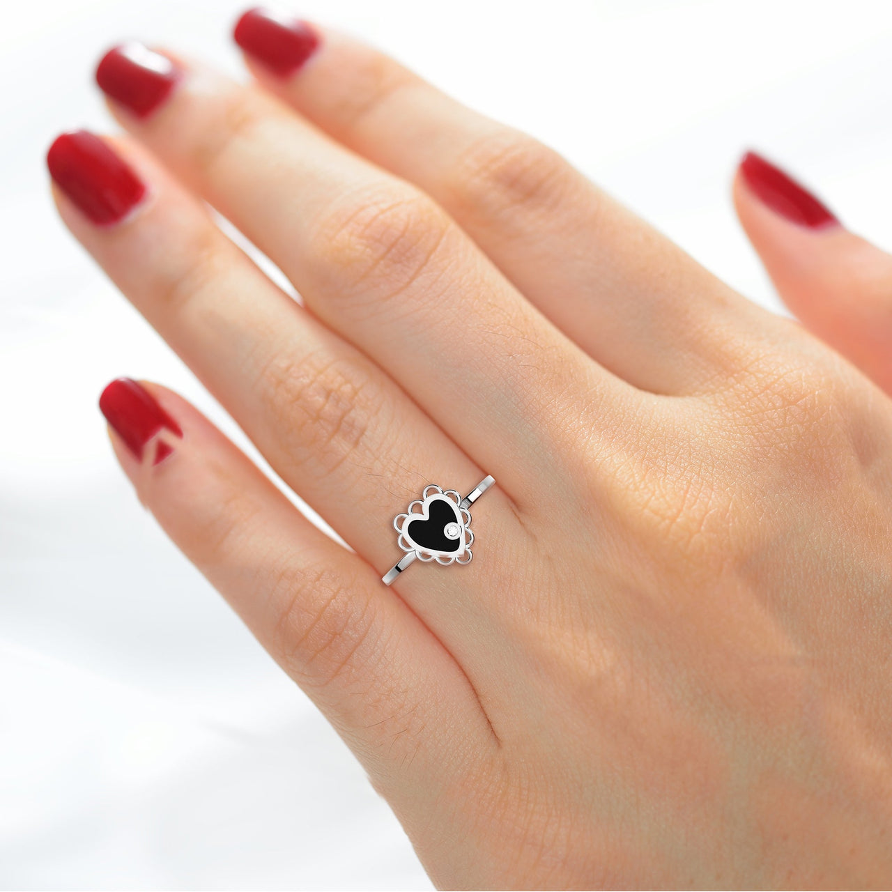 Ladies 925 Sterling Silver Genuine Heart Black Onyx Diamond Ring - US Jewels