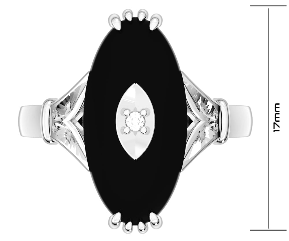 Ladies 925 Sterling Silver Genuine Oval Black Onyx Diamond Ring - US Jewels