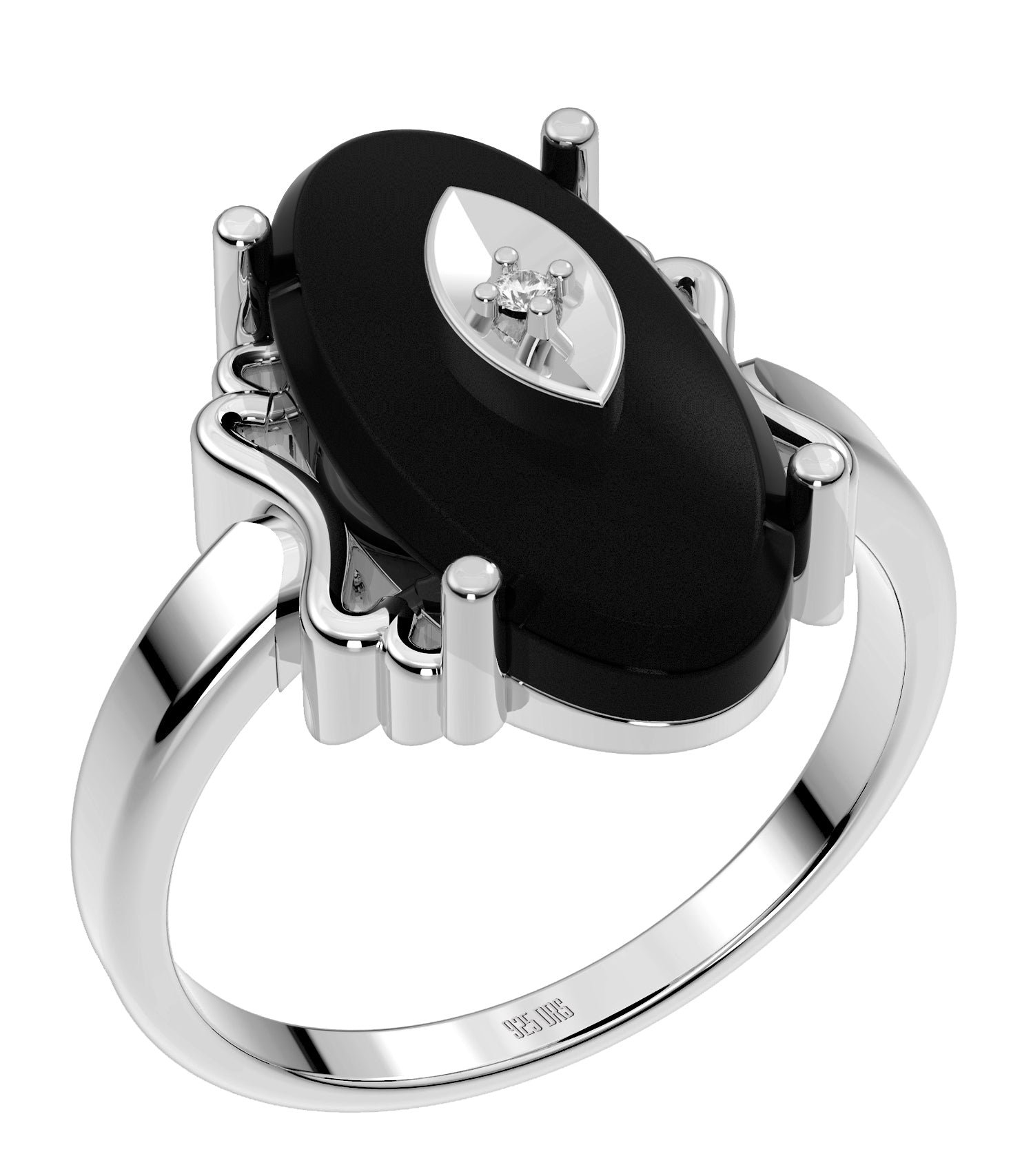 Ladies 925 Sterling Silver Genuine Oval Black Onyx Diamond Ring