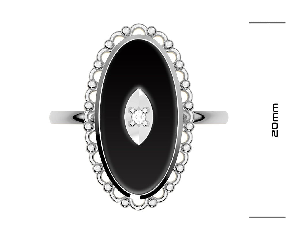 Ladies 925 Sterling Silver Genuine Oval Black Onyx Diamond Ring - US Jewels