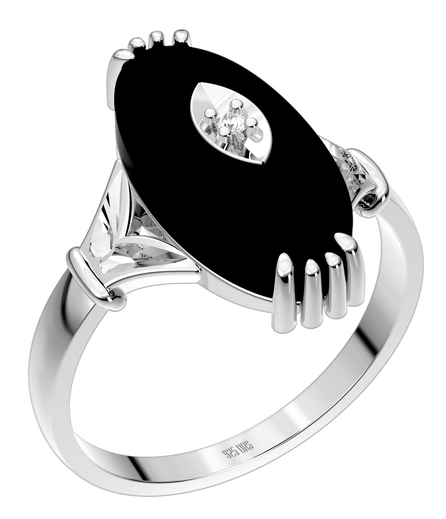 Ladies 925 Sterling Silver Genuine Oval Black Onyx Diamond Ring - US Jewels