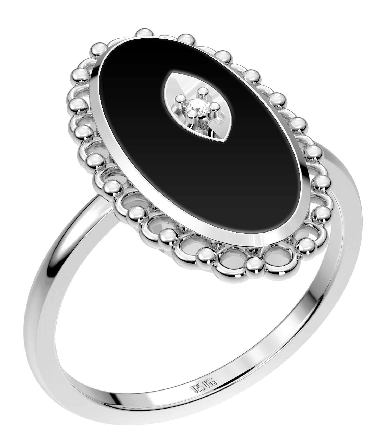 Ladies 925 Sterling Silver Genuine Oval Black Onyx Diamond Ring - US Jewels