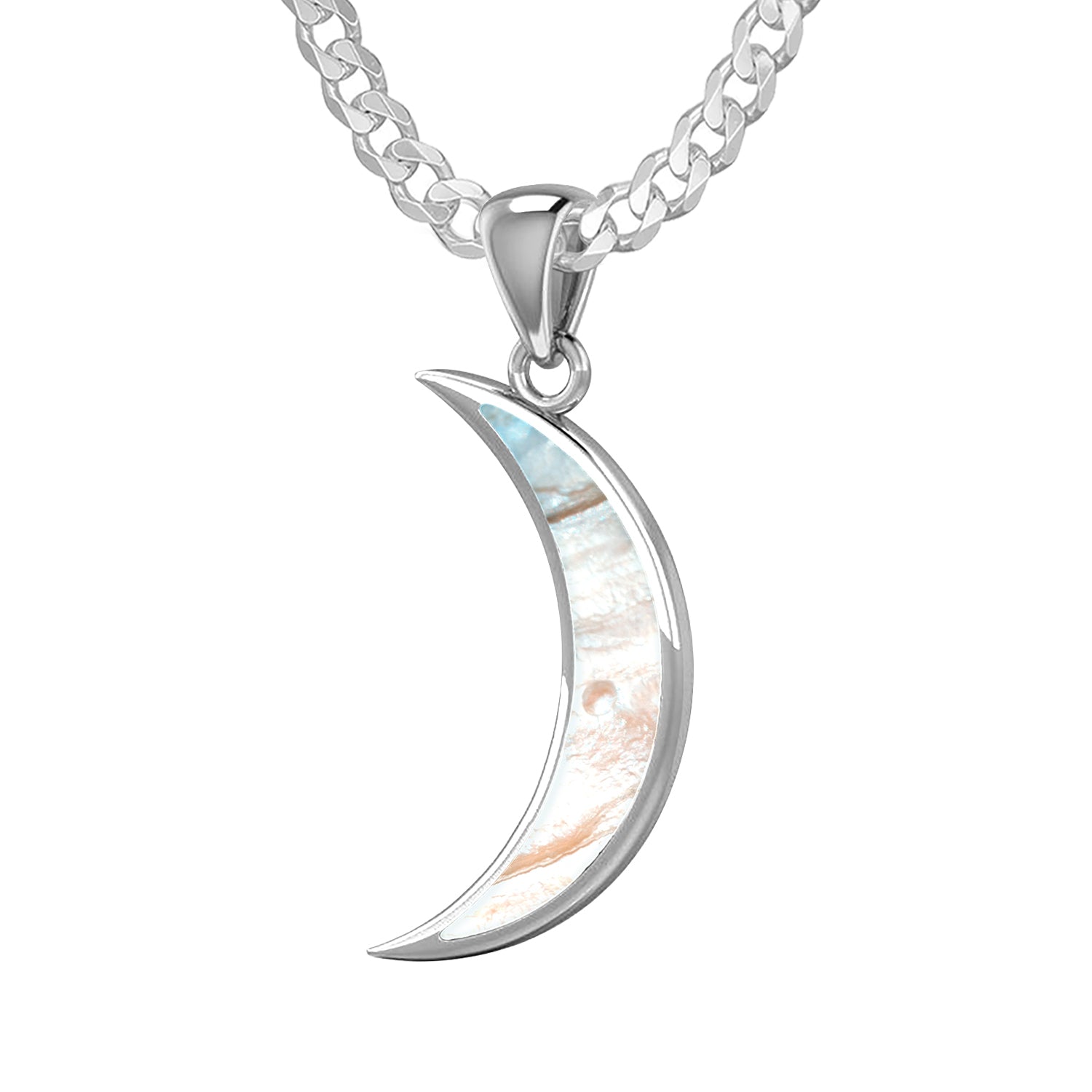 Ladies 925 Sterling Silver Simulated Mother of Pearl Magick Crescent Moon Pendant Necklace, 25mm - US Jewels