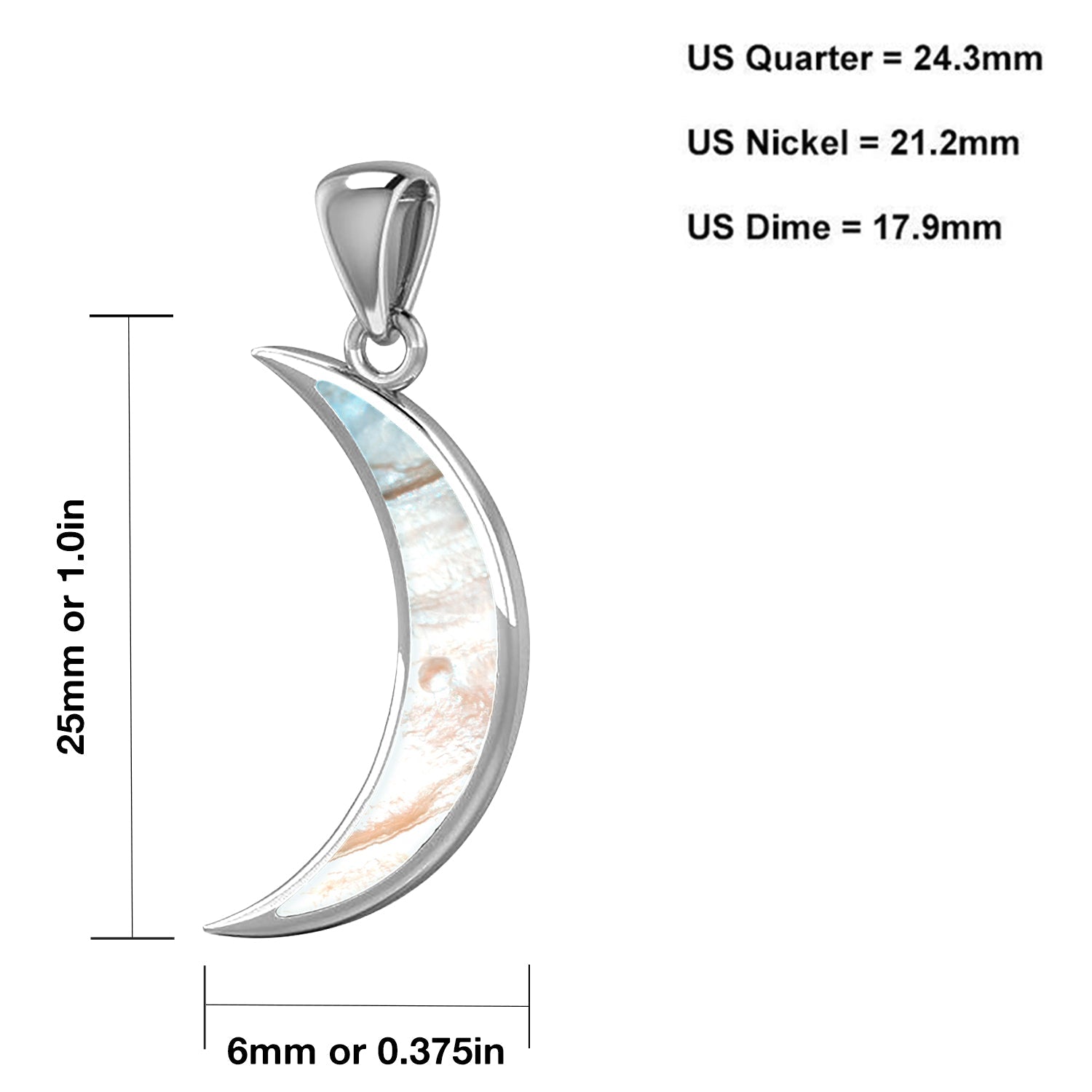 Ladies 925 Sterling Silver Simulated Mother of Pearl Magick Crescent Moon Pendant Necklace, 25mm - US Jewels