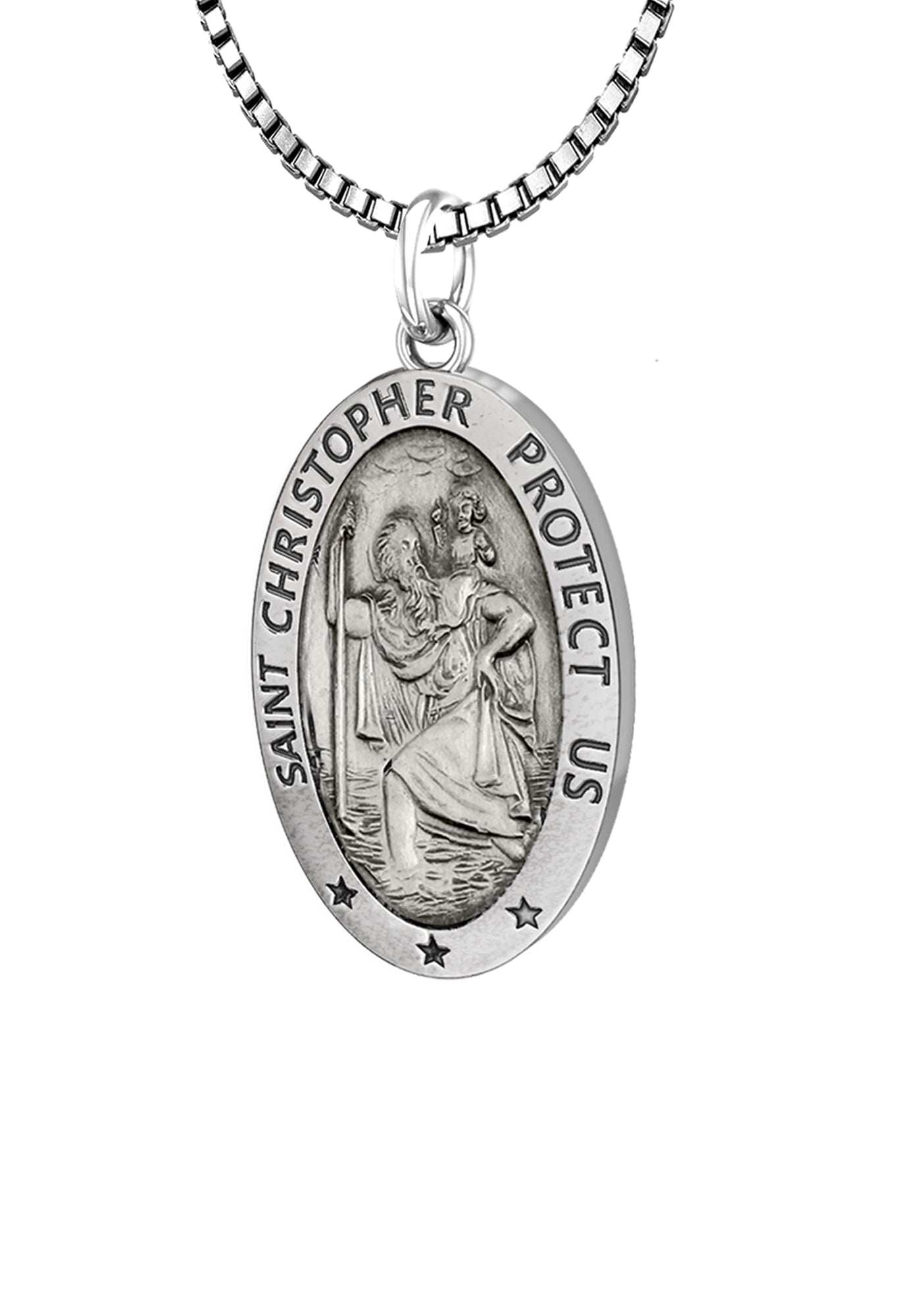 Ladies 925 Sterling Silver St Christopher Oval Antique Pendant Necklace, 18mm - US Jewels