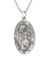 Ladies 925 Sterling Silver St Christopher Oval Antique Pendant Necklace, 18mm - US Jewels