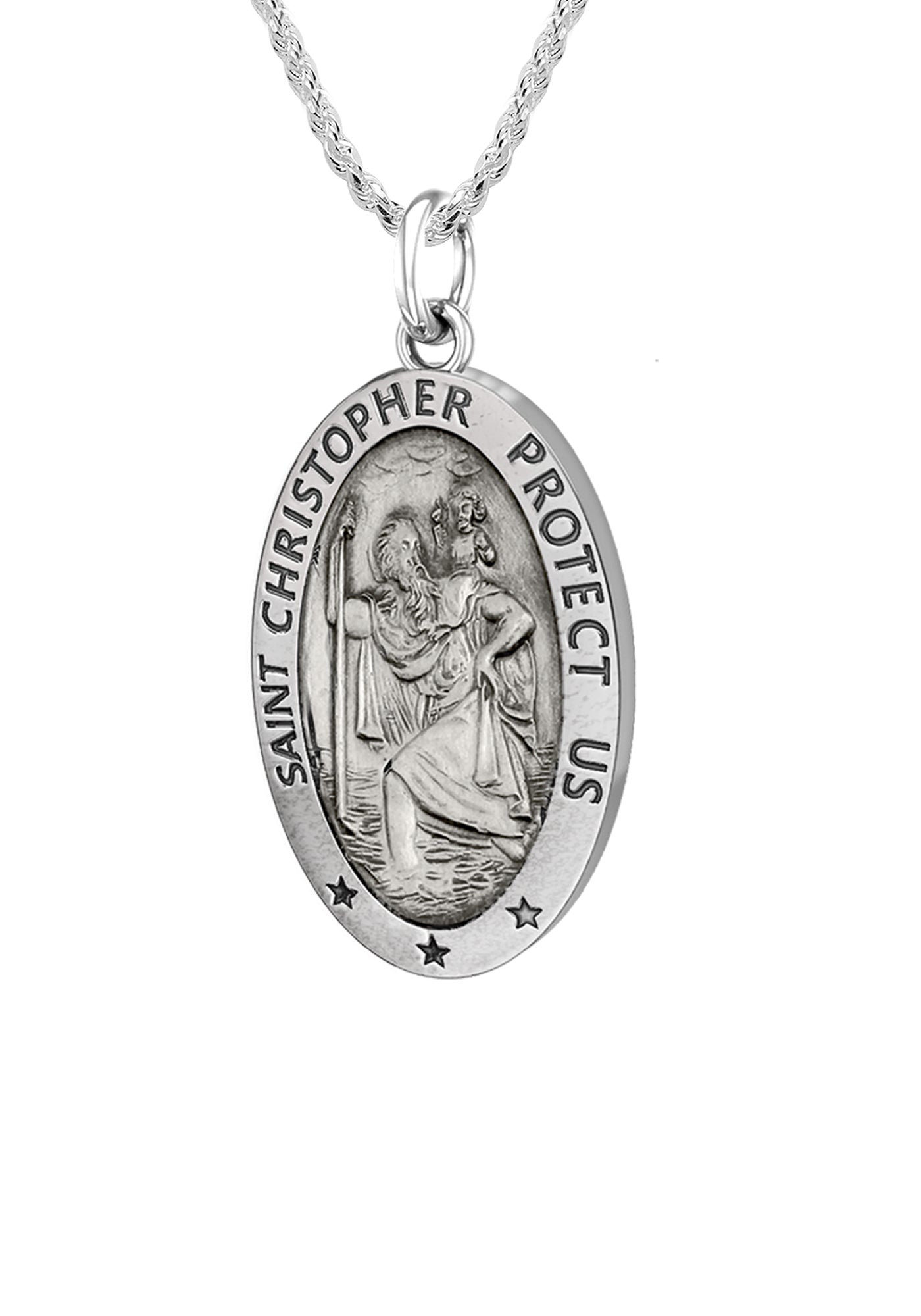 Ladies 925 Sterling Silver St Christopher Oval Antique Pendant Necklace, 18mm - US Jewels