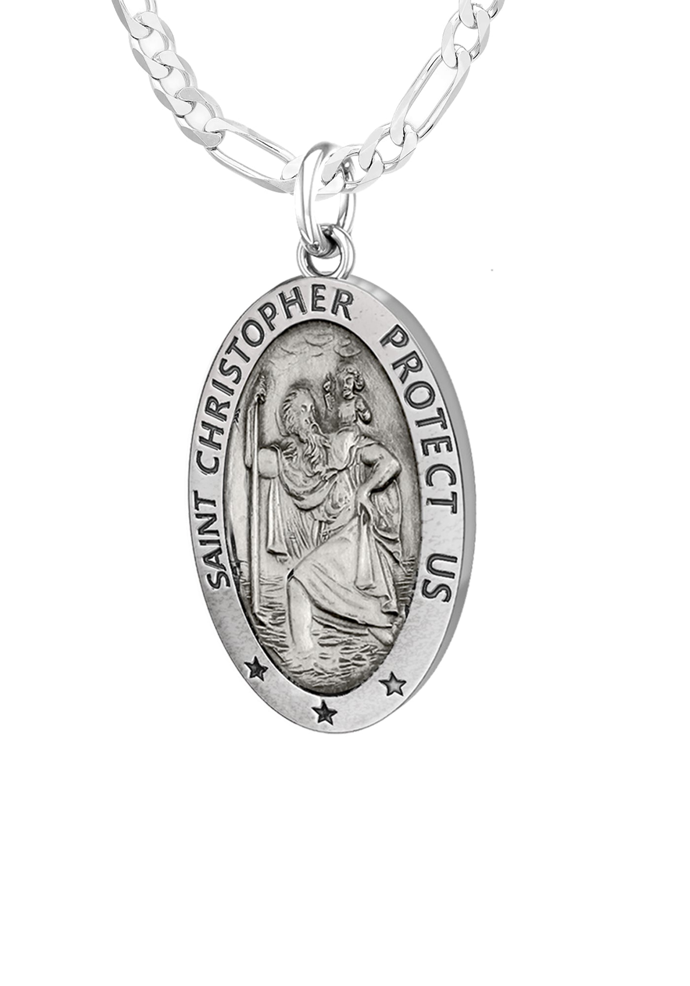 Ladies 925 Sterling Silver St Christopher Oval Antique Pendant Necklace, 18mm - US Jewels