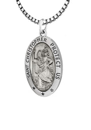 Ladies 925 Sterling Silver St Christopher Oval Antique Pendant Necklace, 18mm - US Jewels