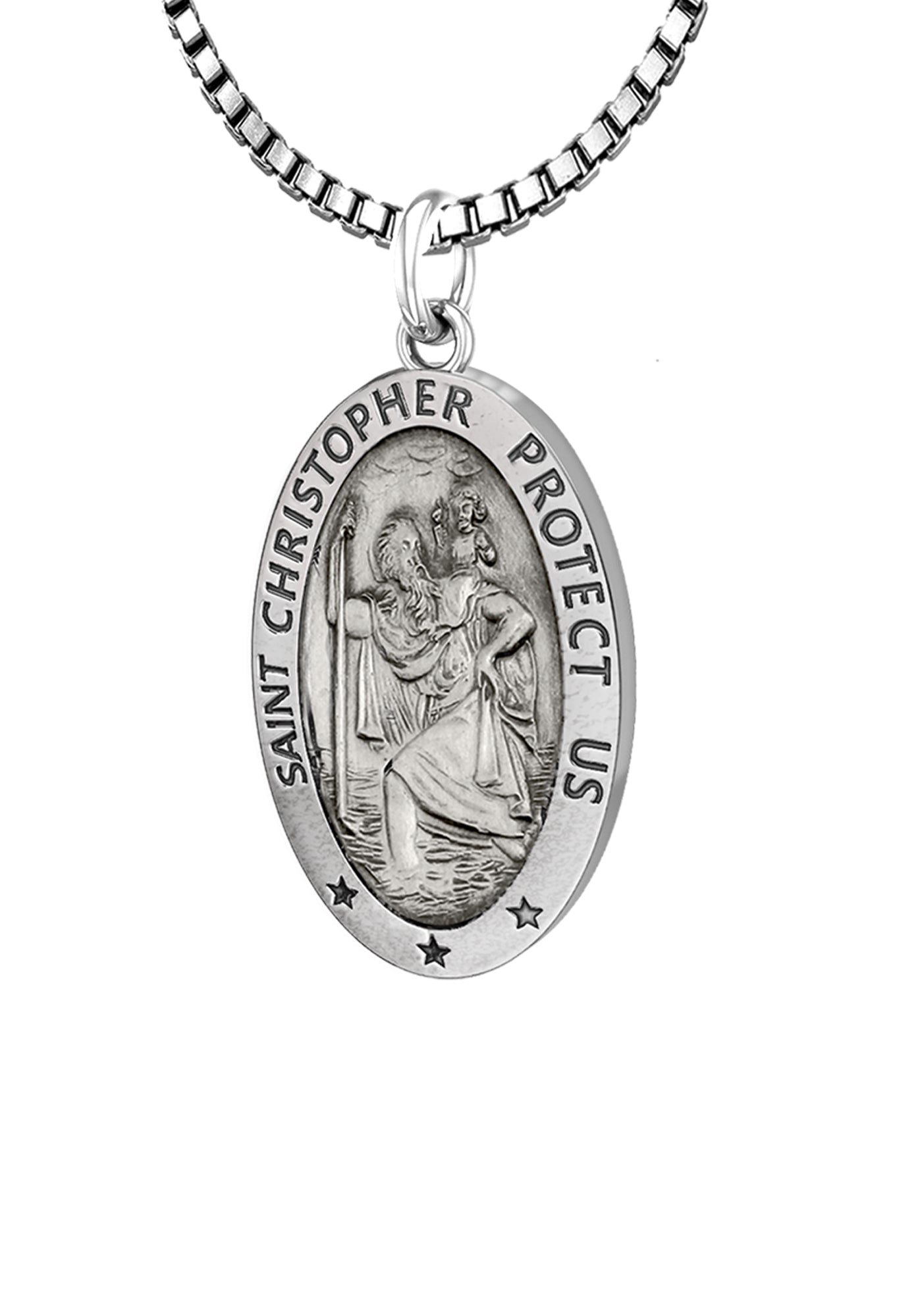 Ladies 925 Sterling Silver St Christopher Oval Antique Pendant Necklace, 18mm - US Jewels