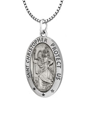 Ladies 925 Sterling Silver St Christopher Oval Antique Pendant Necklace, 18mm - US Jewels