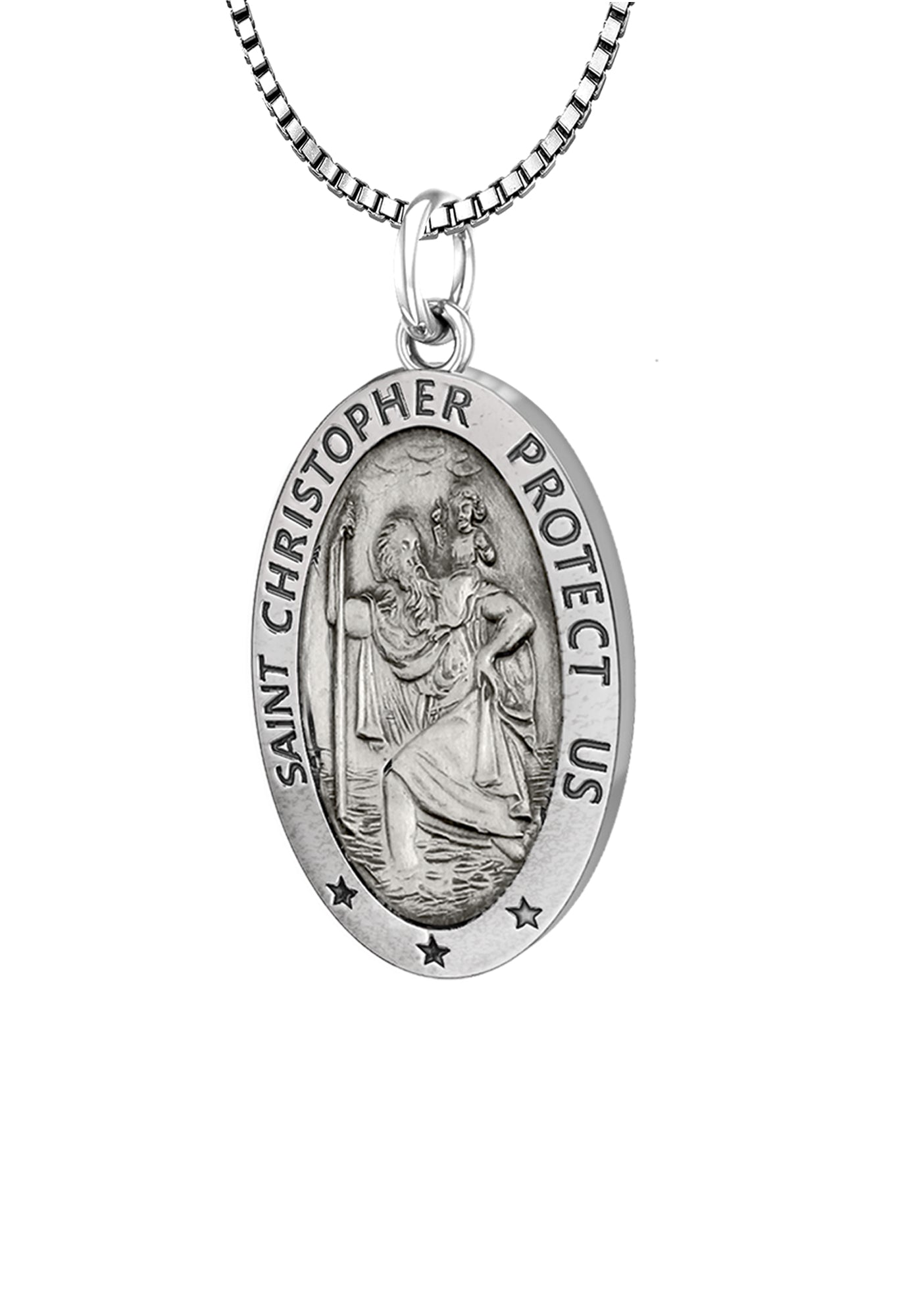 Ladies 925 Sterling Silver St Christopher Oval Antique Pendant Necklace, 18mm - US Jewels