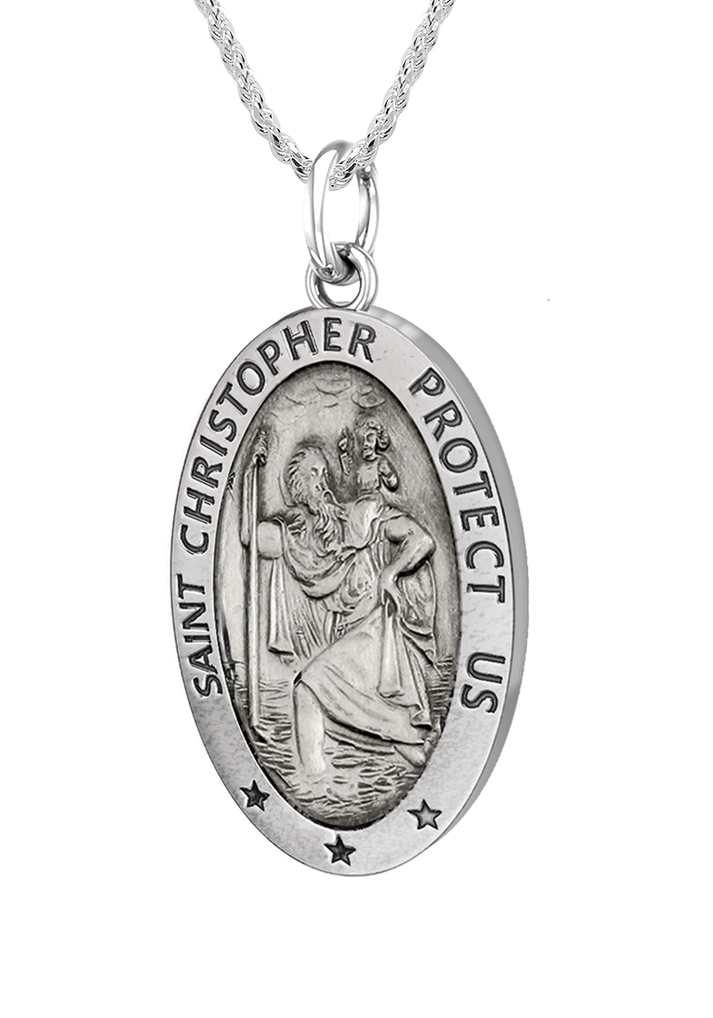 Ladies 925 Sterling Silver St Christopher Oval Antique Pendant Necklace, 22mm - US Jewels