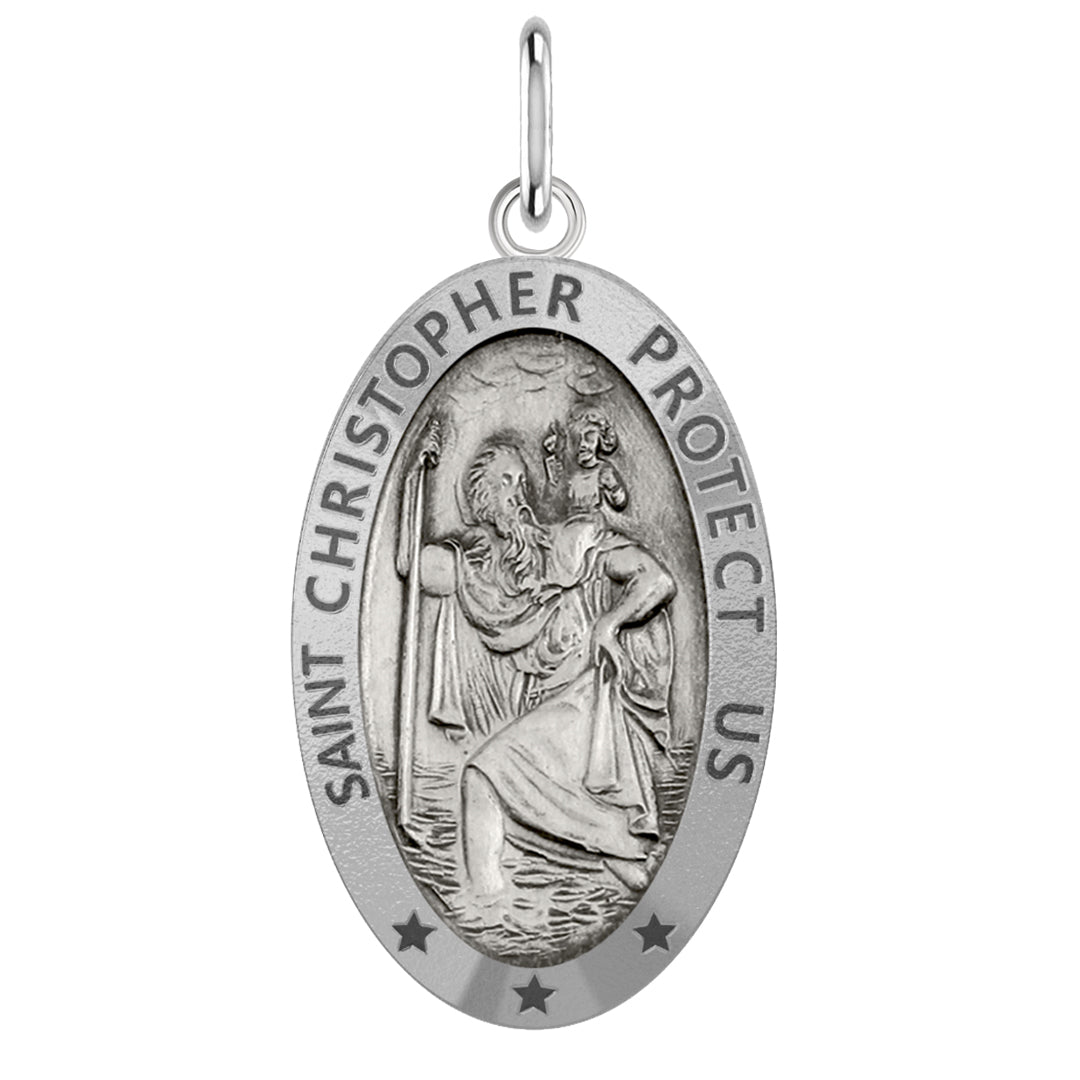 Ladies 925 Sterling Silver St Christopher Oval Antique Pendant Necklace, 22mm - US Jewels