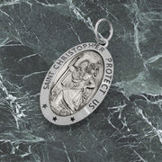 Ladies 925 Sterling Silver St Christopher Oval Antique Pendant Necklace, 22mm - US Jewels