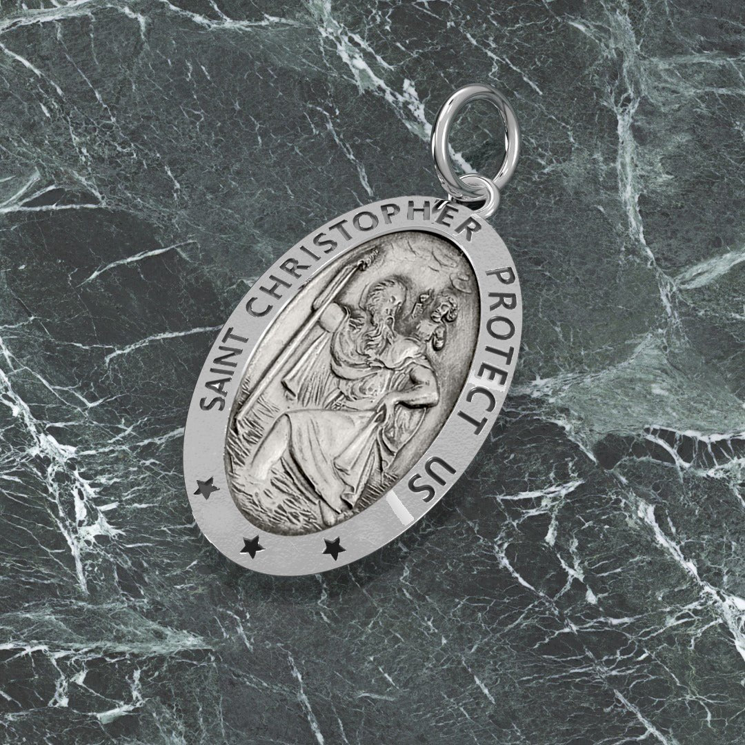 Ladies 925 Sterling Silver St Christopher Oval Antique Pendant Necklace, 22mm - US Jewels