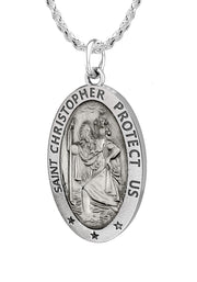 Ladies 925 Sterling Silver St Christopher Oval Antique Pendant Necklace, 22mm - US Jewels