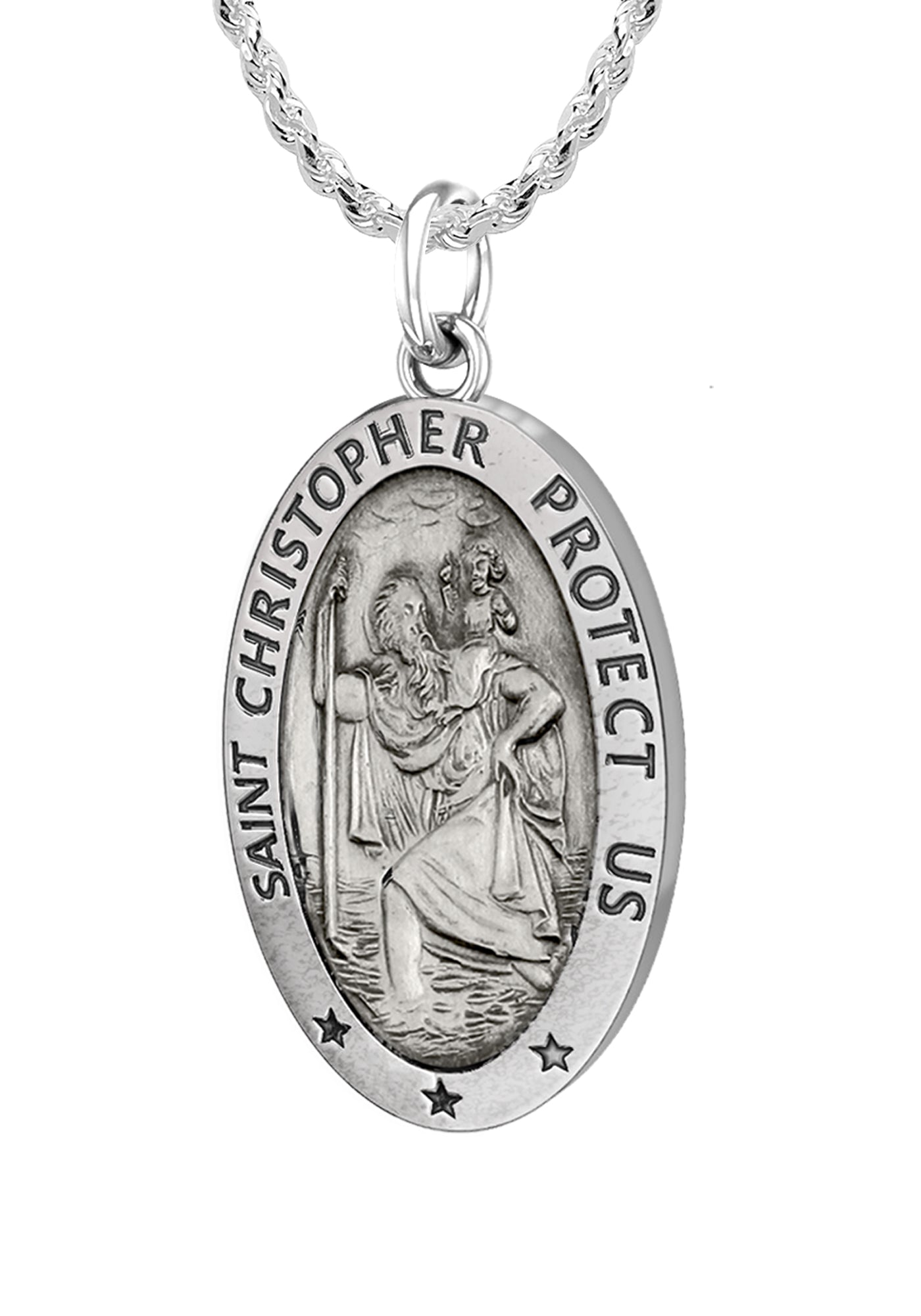 Ladies 925 Sterling Silver St Christopher Oval Antique Pendant Necklace, 22mm - US Jewels