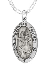 Ladies 925 Sterling Silver St Christopher Oval Antique Pendant Necklace, 22mm - US Jewels