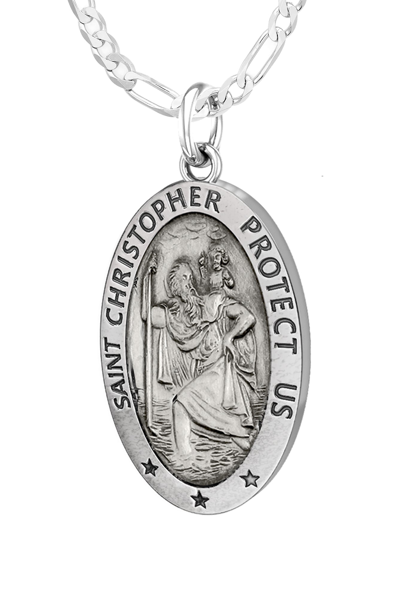 Ladies 925 Sterling Silver St Christopher Oval Antique Pendant Necklace, 22mm - US Jewels