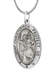 Ladies 925 Sterling Silver St Christopher Oval Antique Pendant Necklace, 22mm - US Jewels