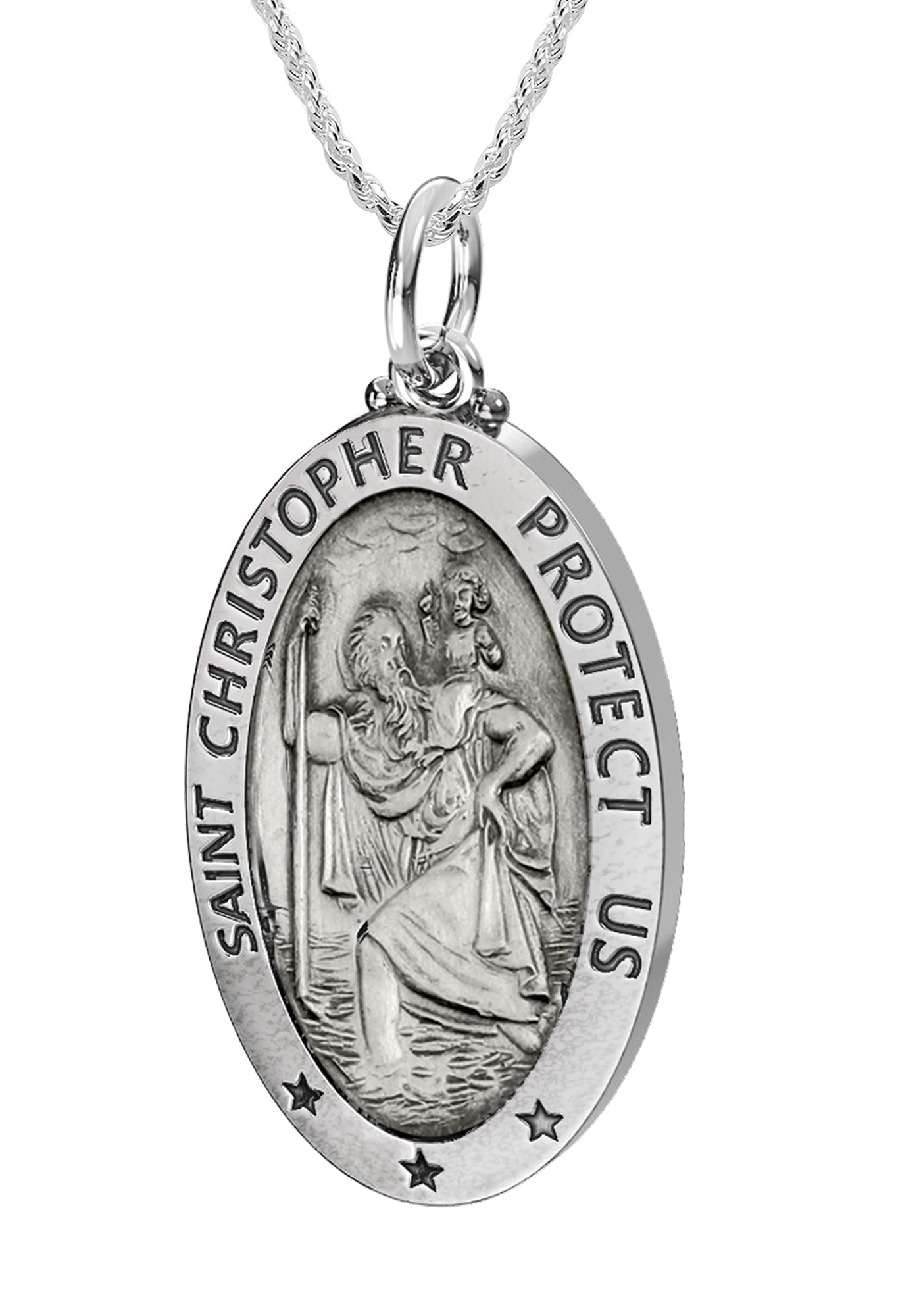 Ladies 925 Sterling Silver St Christopher Oval Antique Pendant Necklace, 26mm - US Jewels