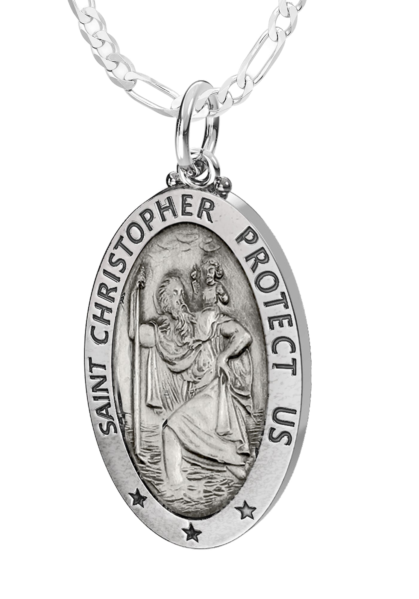 Ladies 925 Sterling Silver St Christopher Oval Antique Pendant Necklace, 26mm - US Jewels