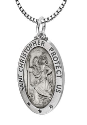 Ladies 925 Sterling Silver St Christopher Oval Antique Pendant Necklace, 26mm - US Jewels