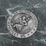 Ladies 925 Sterling Silver St Christopher Round Antique Pendant Necklace, 22mm - US Jewels