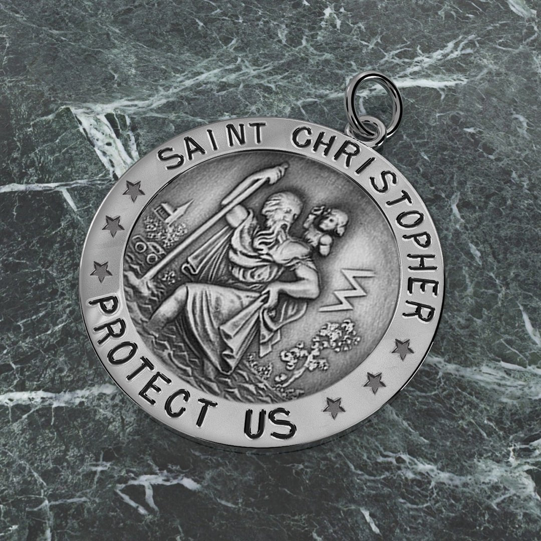 Ladies 925 Sterling Silver St Christopher Round Antique Pendant Necklace, 22mm - US Jewels