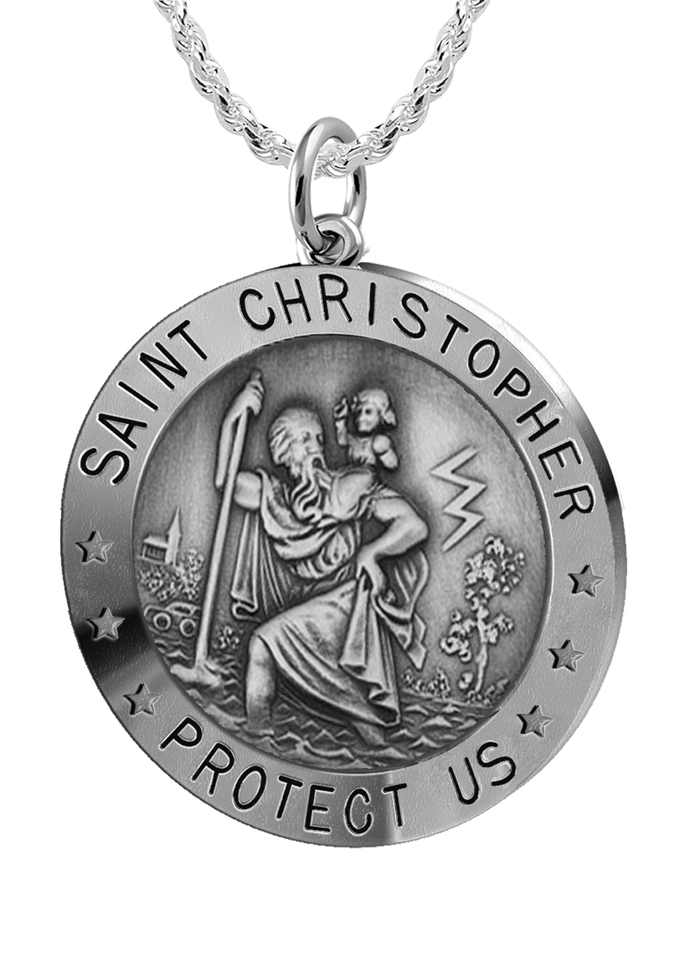 Ladies 925 Sterling Silver St Christopher Round Antique Pendant Necklace, 22mm - US Jewels