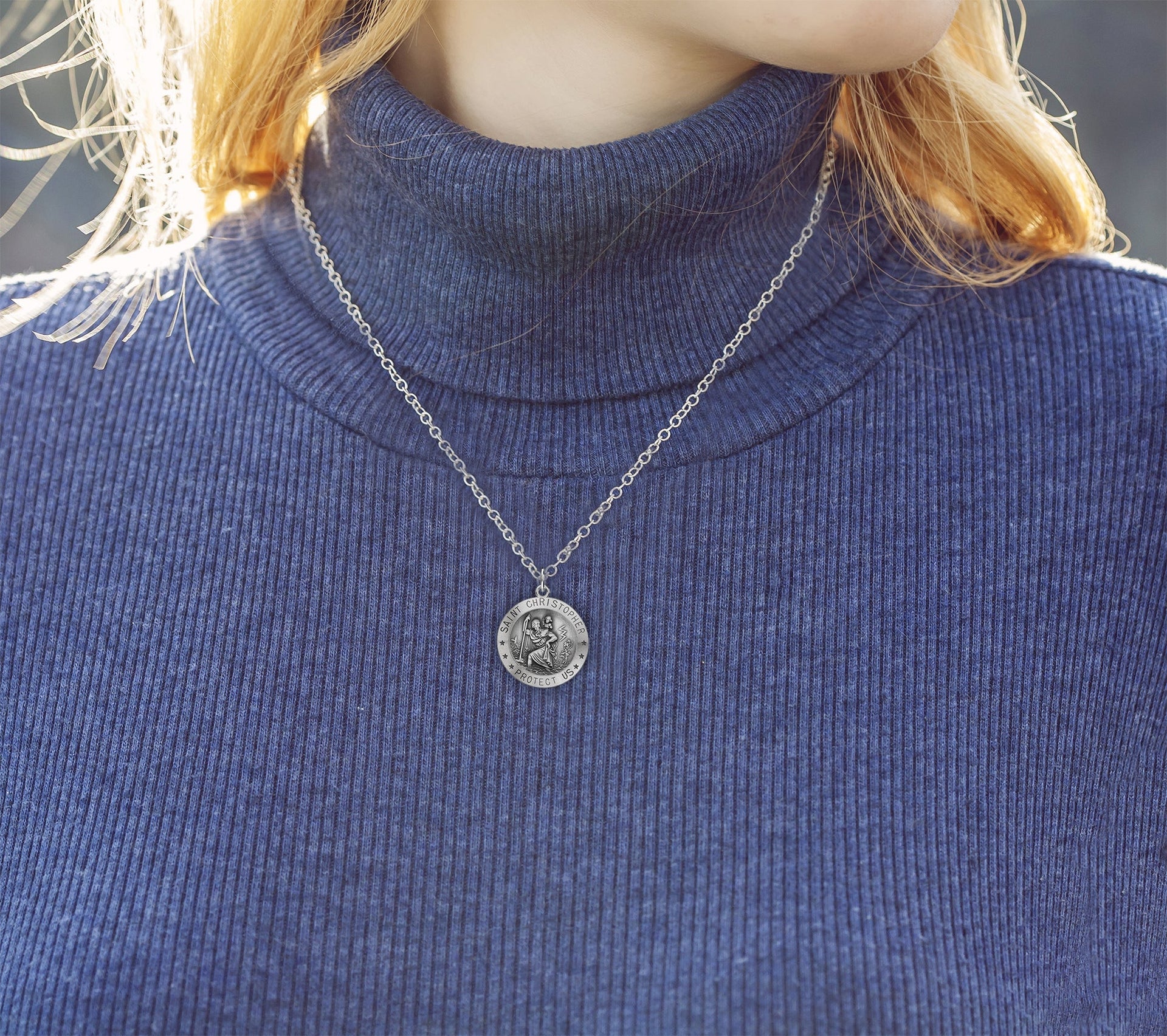 Ladies 925 Sterling Silver St Christopher Round Antique Pendant Necklace, 22mm - US Jewels