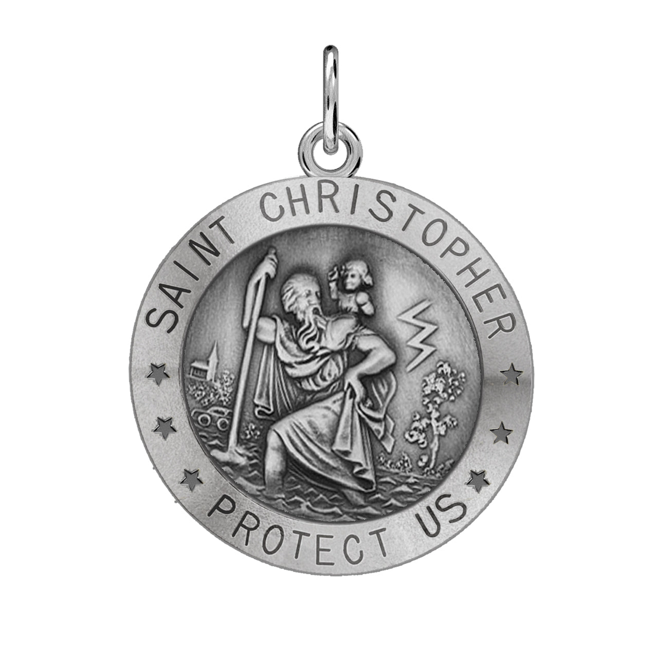 Ladies 925 Sterling Silver St Christopher Round Antique Pendant Necklace, 22mm - US Jewels