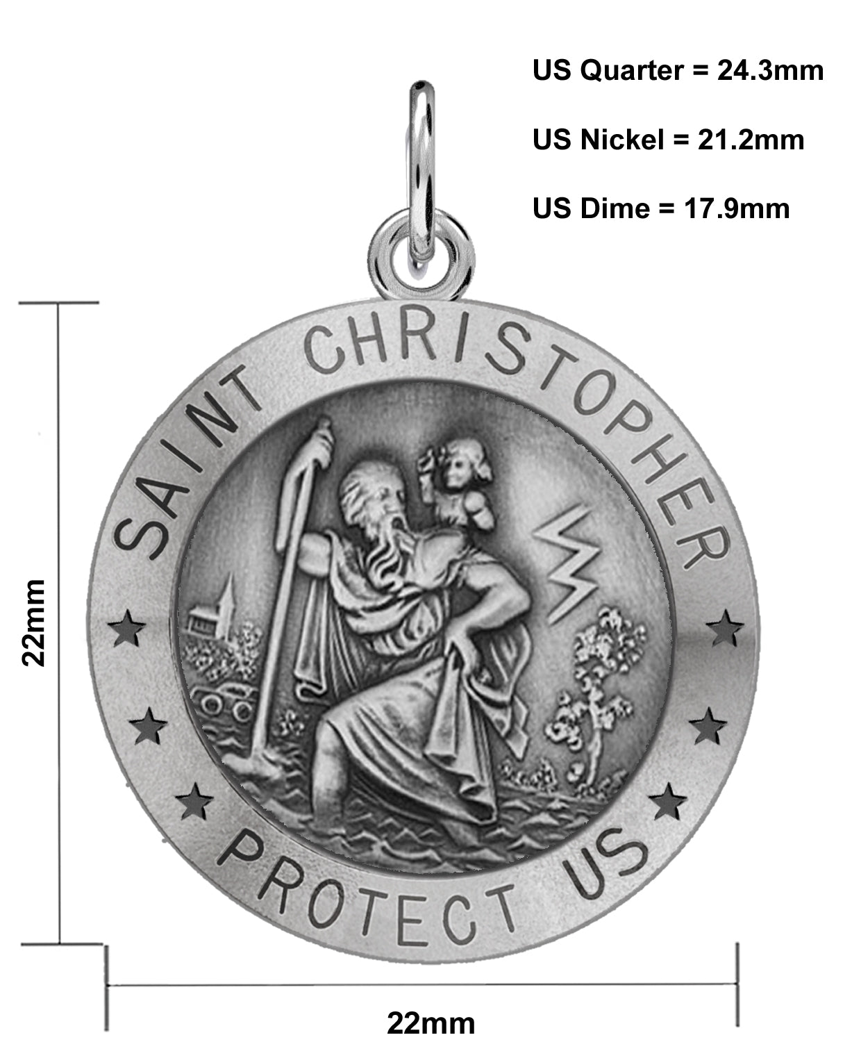 Ladies 925 Sterling Silver St Christopher Round Antique Pendant Necklace, 22mm - US Jewels