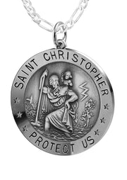 Ladies 925 Sterling Silver St Christopher Round Antique Pendant Necklace, 22mm - US Jewels