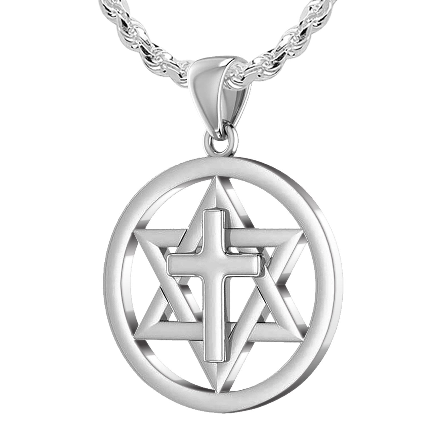 Ladies 925 Sterling Silver Star of David with Cross Jewish Pendant, 24mm - US Jewels