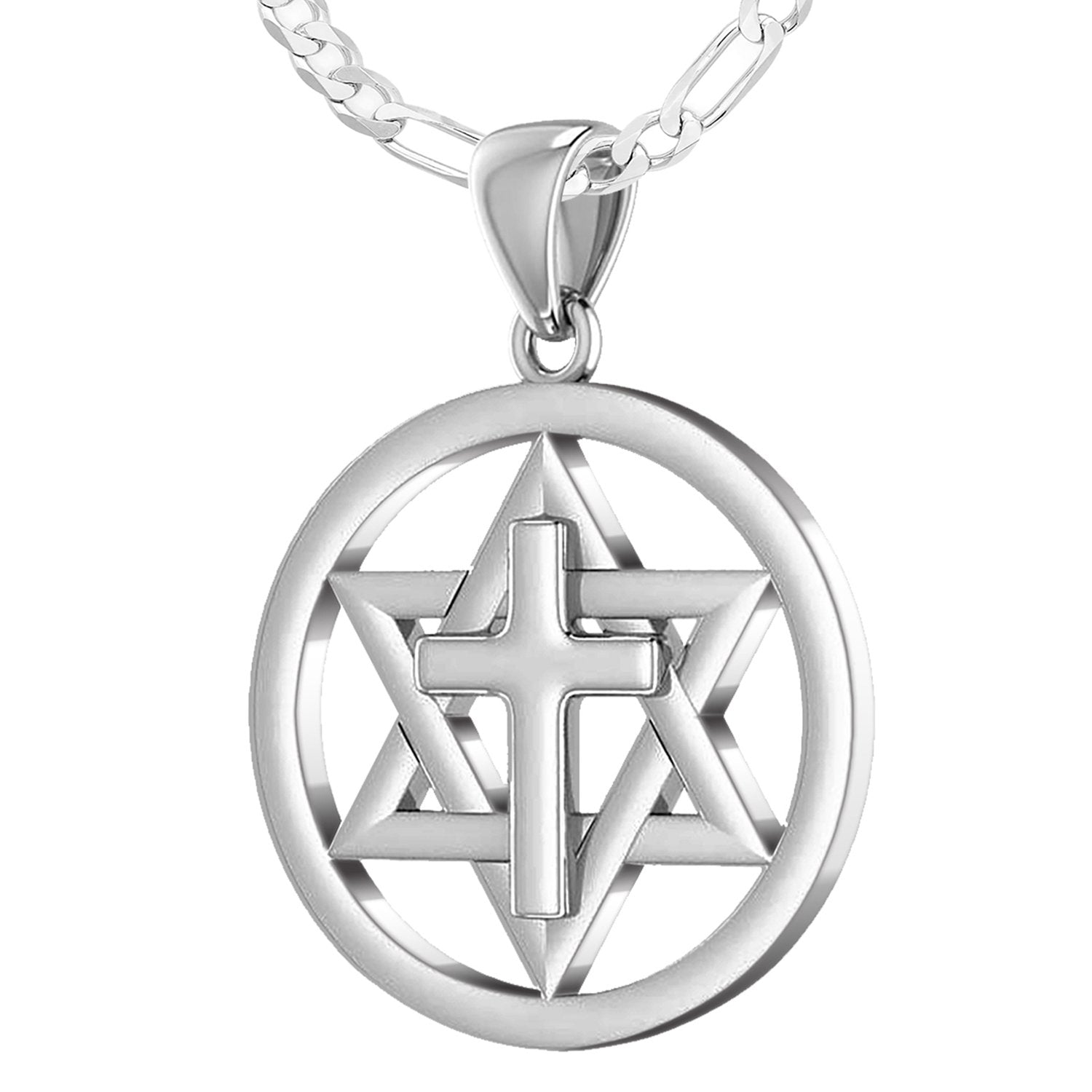 Ladies 925 Sterling Silver Star of David with Cross Jewish Pendant, 24mm - US Jewels