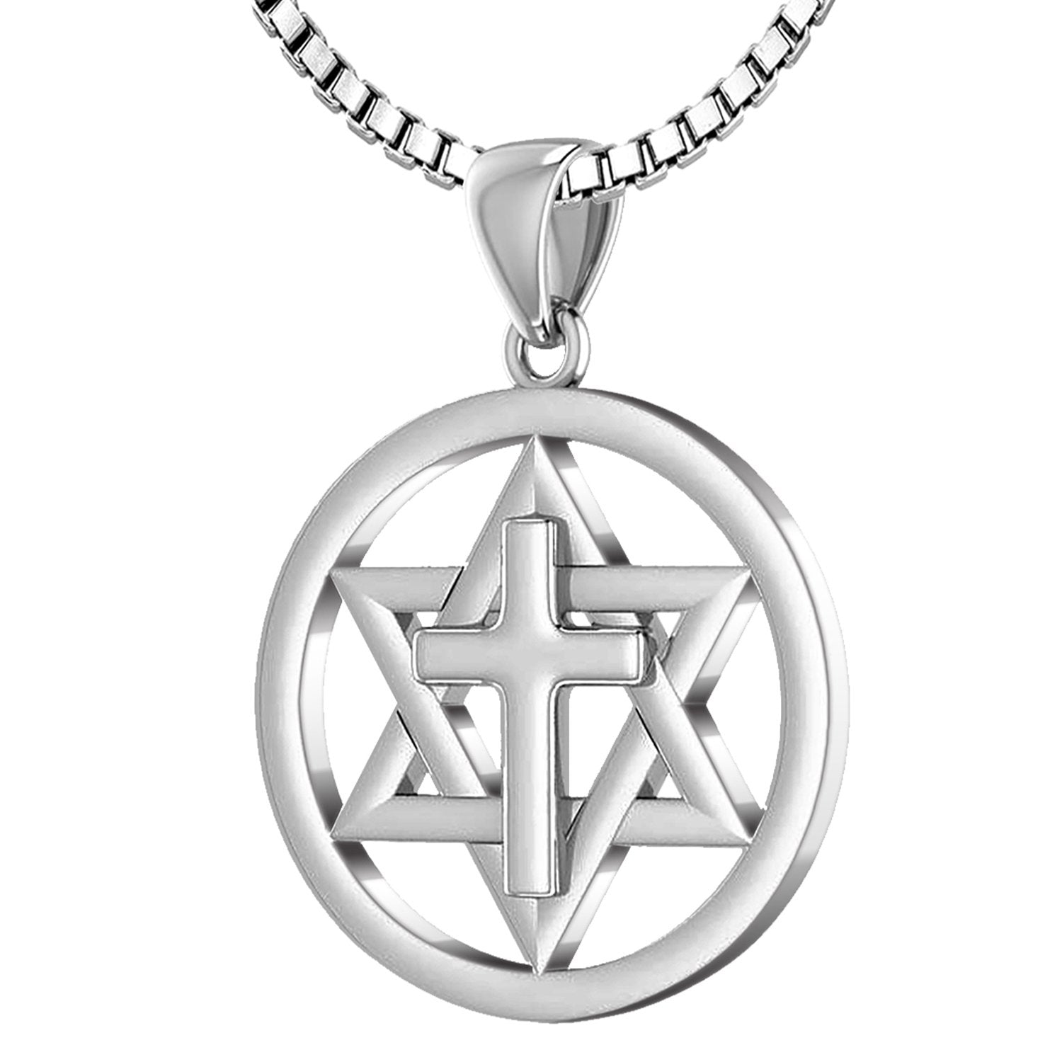 Ladies 925 Sterling Silver Star of David with Cross Jewish Pendant, 24mm - US Jewels