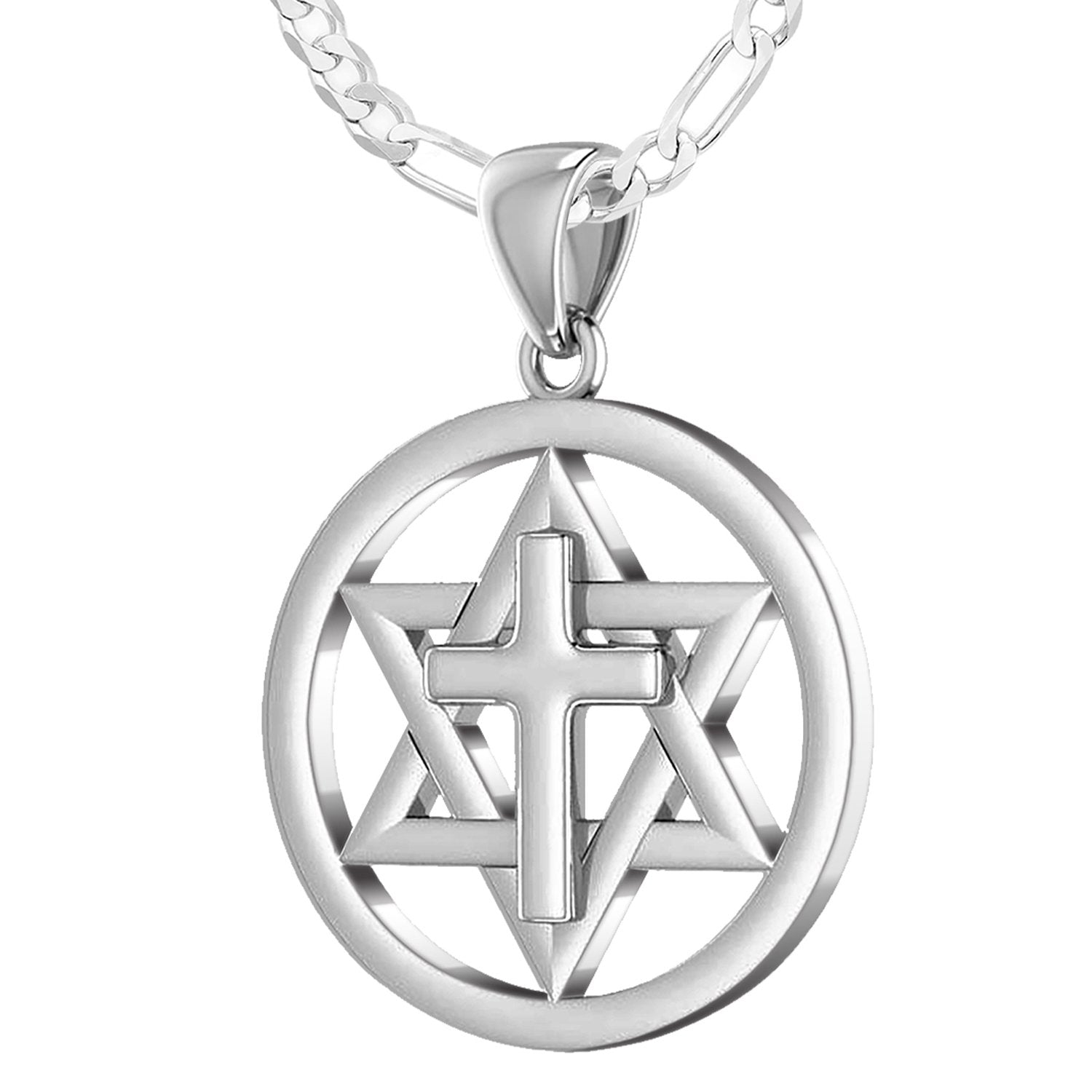 Ladies 925 Sterling Silver Star of David with Cross Jewish Pendant, 24mm - US Jewels